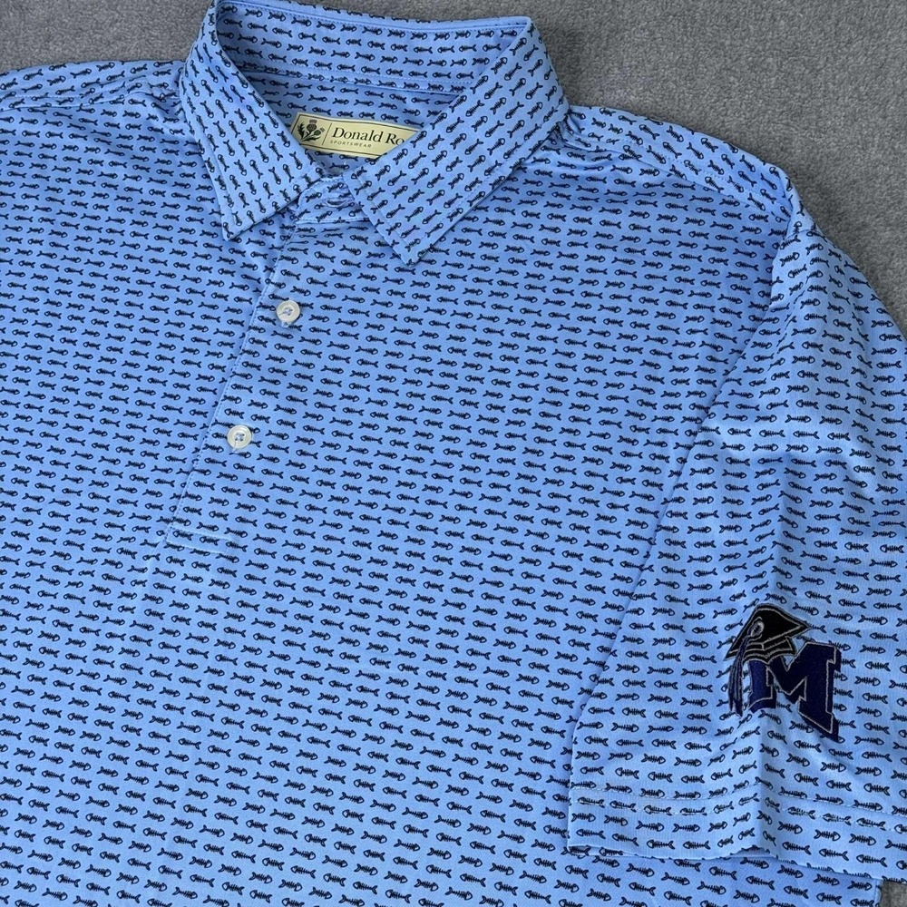 Donald Ross Polo Shirt Mens Large Blue‎ Geometric Bonefish Performance Golf LOGO